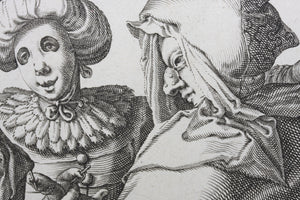 Jacques de Gheyn II. A Woman Dressed Festively, A Man In A Cape And A Masked Man. Engraving. 1595-1596.