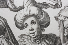 Load image into Gallery viewer, Jacques de Gheyn II. A Woman Dressed Festively, A Man In A Cape And A Masked Man. Engraving. 1595-1596.
