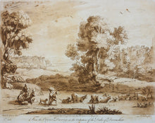 Load image into Gallery viewer, Claude Lorrain, after. A Landscape, with Cattle passing a Ford. Etching by Richard Earlom. 1775.
