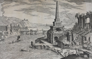 Hendrick van Cleve, after. Landscape with obelisk. Engraving by Adriaen Collaert. 1587