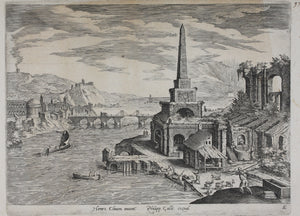 Hendrick van Cleve, after. Landscape with obelisk. Engraving by Adriaen Collaert. 1587