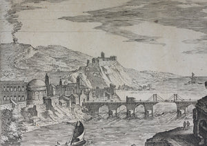 Hendrick van Cleve, after. Landscape with obelisk. Engraving by Adriaen Collaert. 1587
