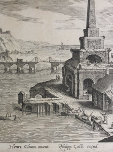 Hendrick van Cleve, after. Landscape with obelisk. Engraving by Adriaen Collaert. 1587