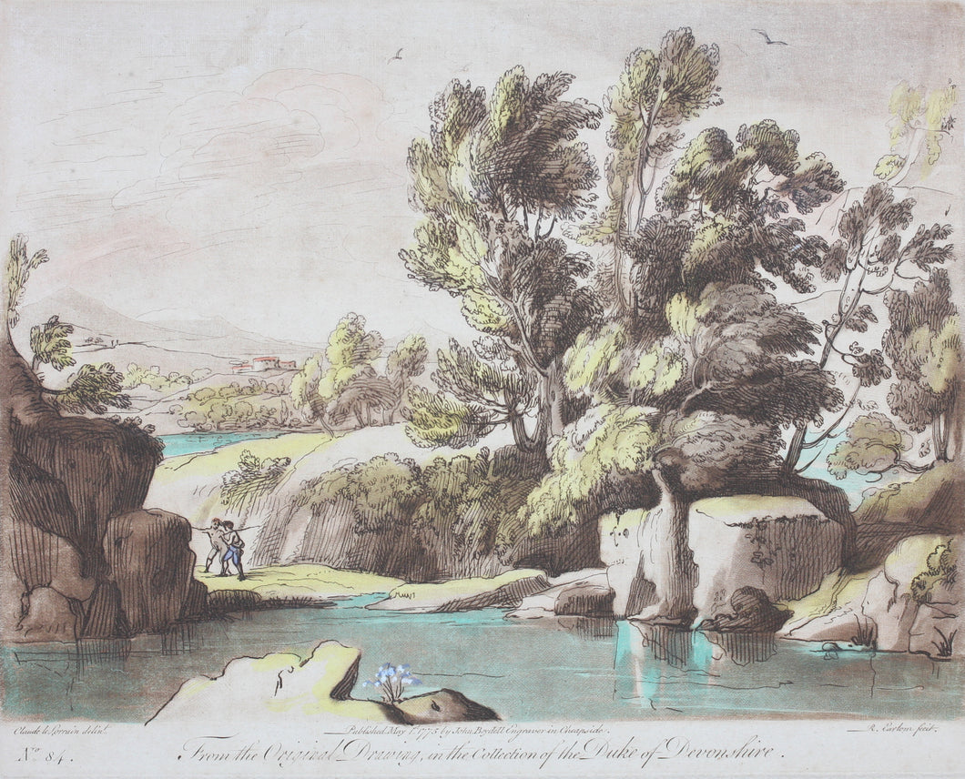 Claude Lorrain, after. A View of a mountainous and rocky Country. Etching by Richard Earlom. Hand-colored. 1775.