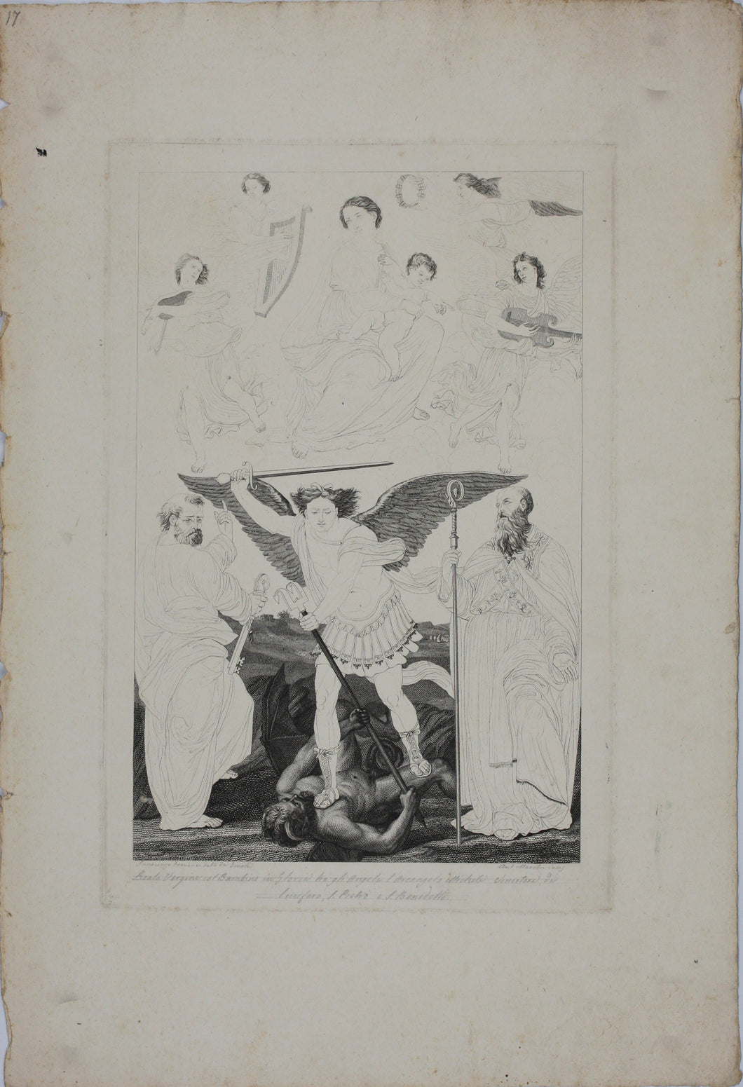 Girolamo da Cotignola, after. [Francesco Rosaspina, after]. The Virgin Mary with the Christ Child, St. John the Baptist, St. Francis of Assisi and St. Bernardino of Siena. Etching in the early intermediate state, artist's proof by Antonio Marchi. 1830.