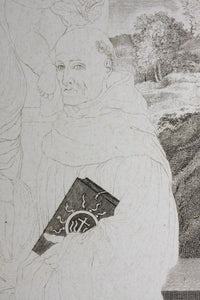 Innocenzo Da Imola, after. [Francesco Rosaspina, after]. Enthroned Madonna and Child, and saints Michael, Peter, and Benedictus. Etching in the early intermediate state, artist's proof by Antonio Marchi. 1830.