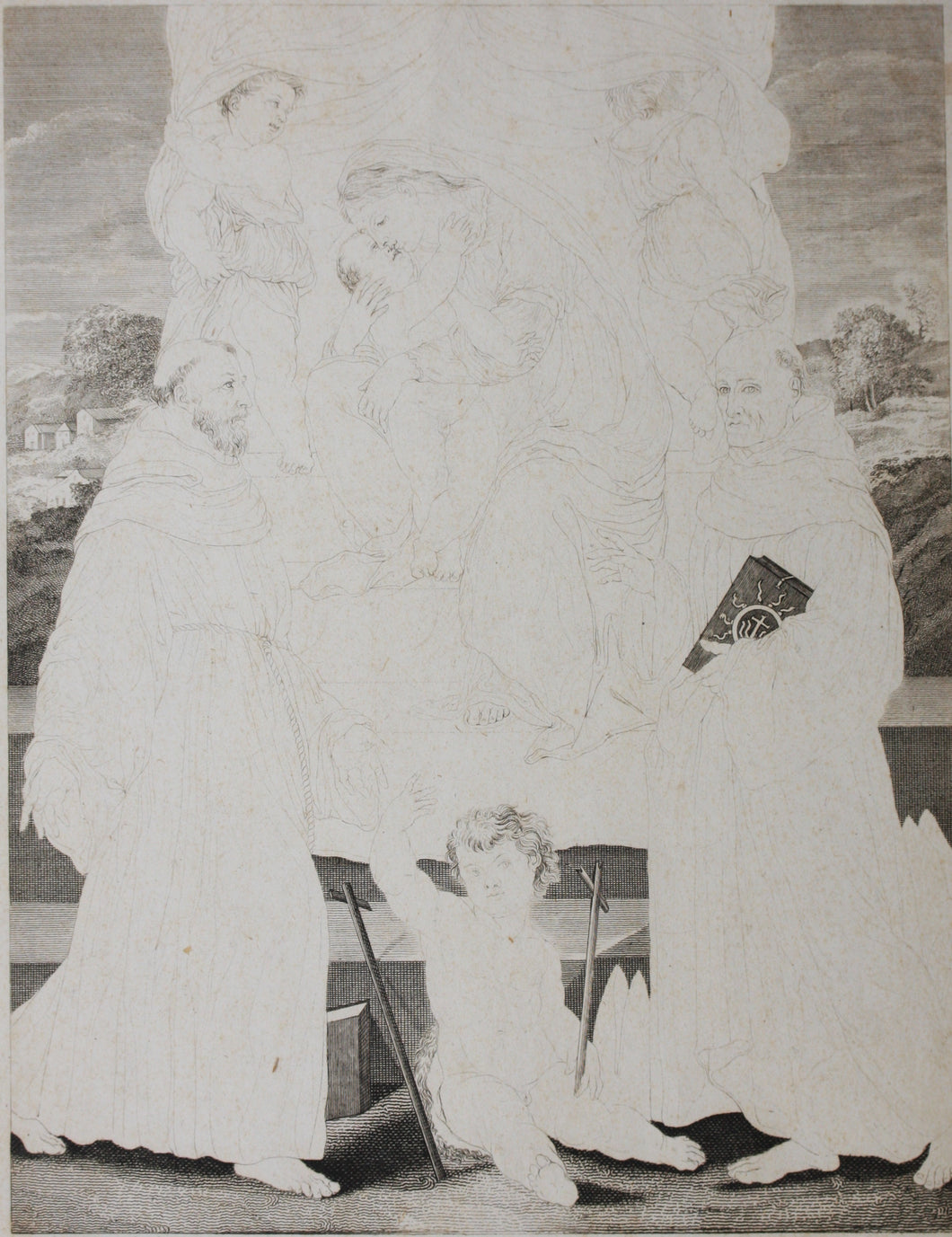 Innocenzo Da Imola, after. [Francesco Rosaspina, after]. Enthroned Madonna and Child, and saints Michael, Peter, and Benedictus. Etching in the early intermediate state, artist's proof by Antonio Marchi. 1830.