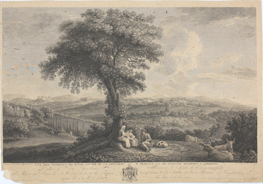 Philipp Jakob Hackert, after. View of the Temples of Juno Lucina of the Concordia of Hercules and of Jupiter Olympien at Girgenti. Engraving by François Morel. 1783.