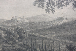 Philipp Jakob Hackert, after. View of the Temples of Juno Lucina of the Concordia of Hercules and of Jupiter Olympien at Girgenti. Engraving by François Morel. 1783.