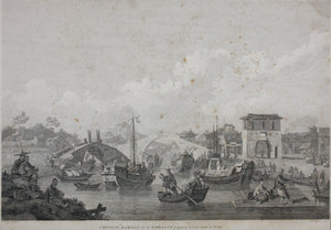 William Alexander, after. Chinese Barges of the Embassy passing under a Bridge. Engraving by William Byrne. 1796.