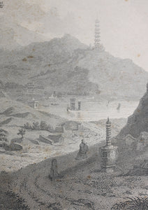 William Alexander, after. View of the Tower of the Thundering Winds on the borders of the Lake See-Hoo, taken from the Vale of Tombs. Engraving by John George Landseer & T. Shirt. 1796.