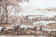 Load image into Gallery viewer, Claude Lorrain, after. Coast Scene with the Battle on the Bridge. Etching by Richard Earlom. 1776.
