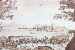 Claude Lorrain, after. Coast Scene with the Battle on the Bridge. Etching by Richard Earlom. 1776.