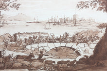Load image into Gallery viewer, Claude Lorrain, after. Coast Scene with the Battle on the Bridge. Etching by Richard Earlom. 1776.
