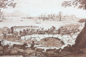 Claude Lorrain, after. Coast Scene with the Battle on the Bridge. Etching by Richard Earlom. 1776.