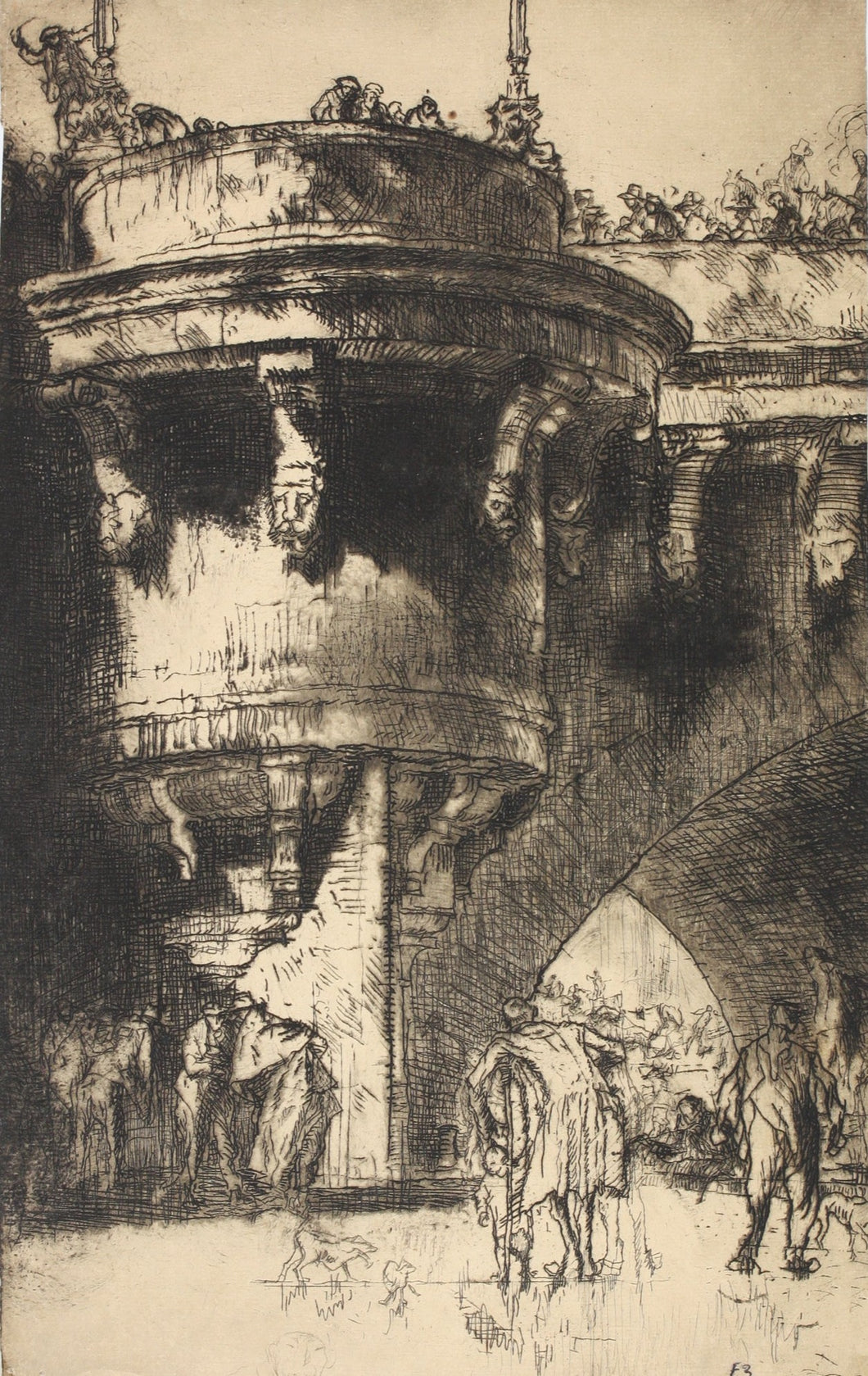 Sir Frank William Brangwyn. Buttress of the Pont Neuf. Etching. 1924.