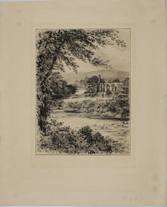Edward Slocombe. The Wharfe: Bolton Abbey. Etching. c. 1880.