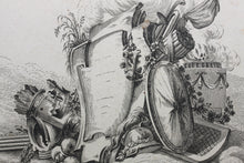Load image into Gallery viewer, Jean-Charles Delafosse, after. Cartouche with guns. Etching by Johann Georg Hertel. 1771 - 1775.
