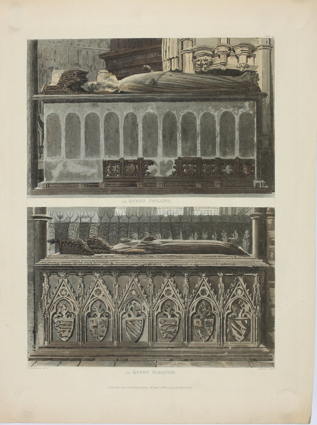 Eneas Mackenzie, after. Tombs of Queen Phillipa and Queen Eleanor. Color aquatint by John Bluck. 1812.