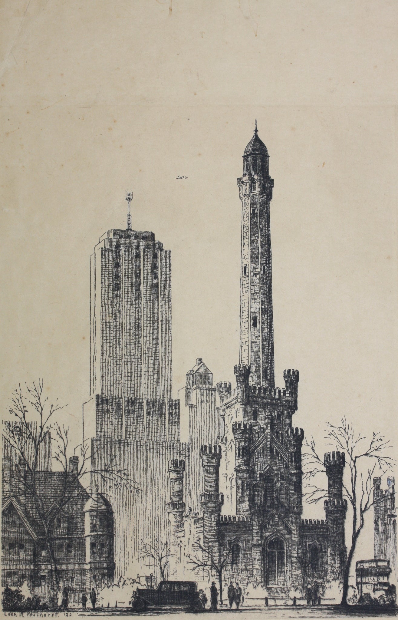 Leon René Pescheret. Water Tower, Chicago. Etching. 1932. – Goldin ...