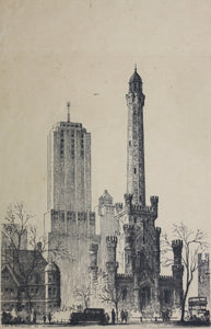 ﻿Leon René Pescheret. Water Tower, Chicago. Etching. 1932.
